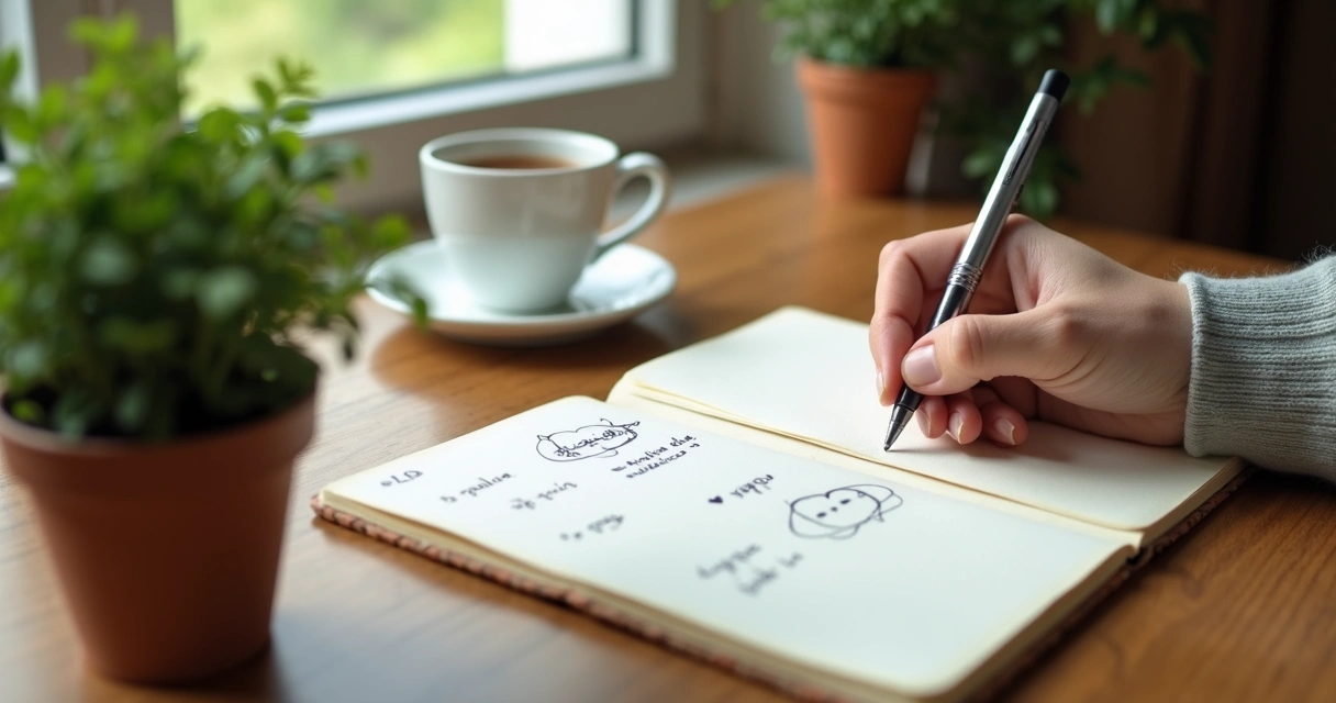 Mano escribiendo emociones en un diario junto a una taza y planta 