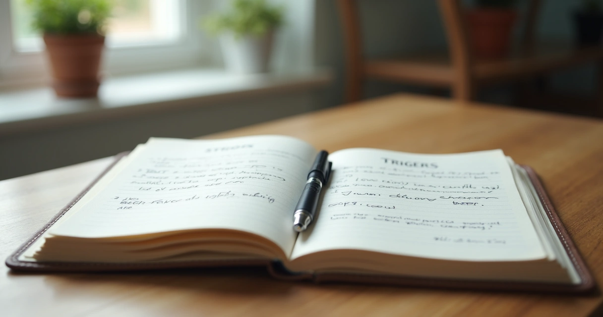 Diário aberto com caneta e anotações sobre emoções
