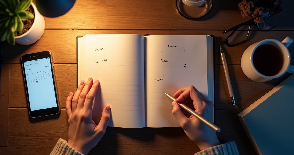 Pessoa escrevendo em diário de emoções à noite com caneta e xícara de chá ao lado 