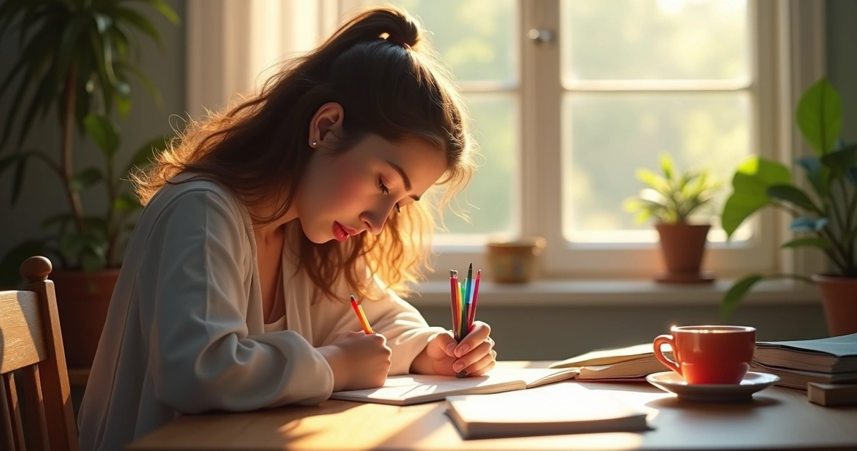 Pessoa escrevendo em diário, com expressões faciais refletindo emoções e sentimentos diversos. 