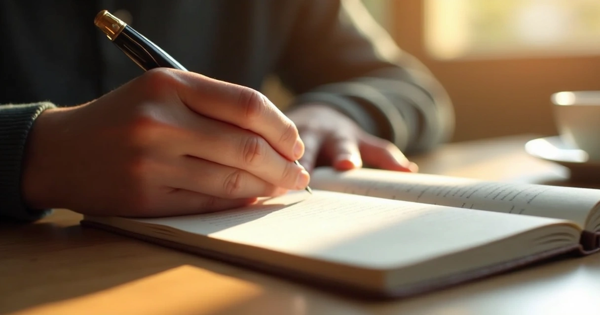 Cuaderno abierto sobre una mesa con persona escribiendo en él 
