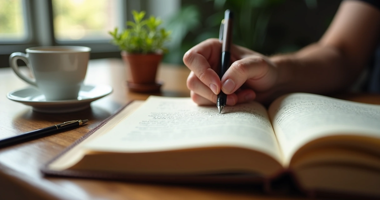 Mano escribiendo en diario sobre mesa de madera 
