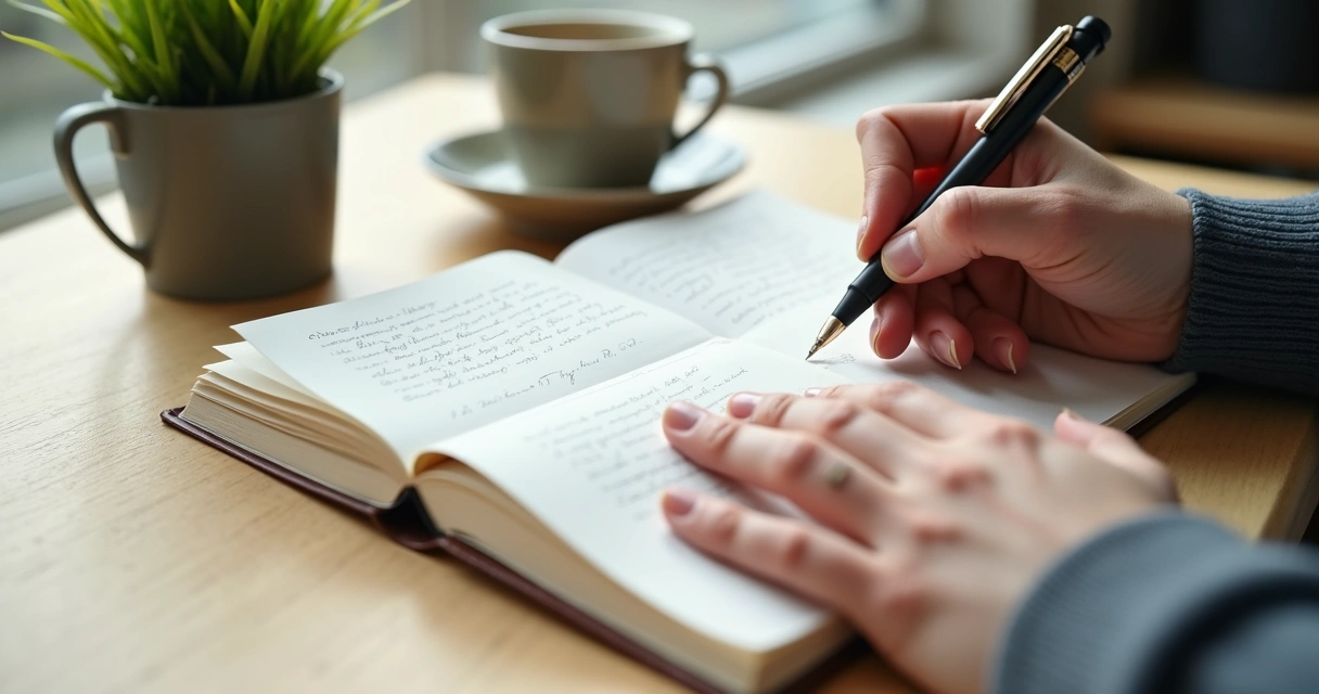 Pessoa fazendo anotações à mão em diário sobre uma mesa clara