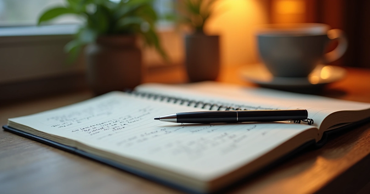 Caderno aberto com caneta sobre mesa, ambiente iluminado e acolhedor 