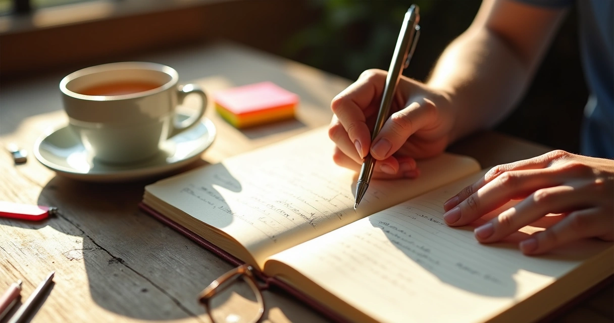 Mano escribiendo en un diario con bolígrafo sobre una mesa de madera