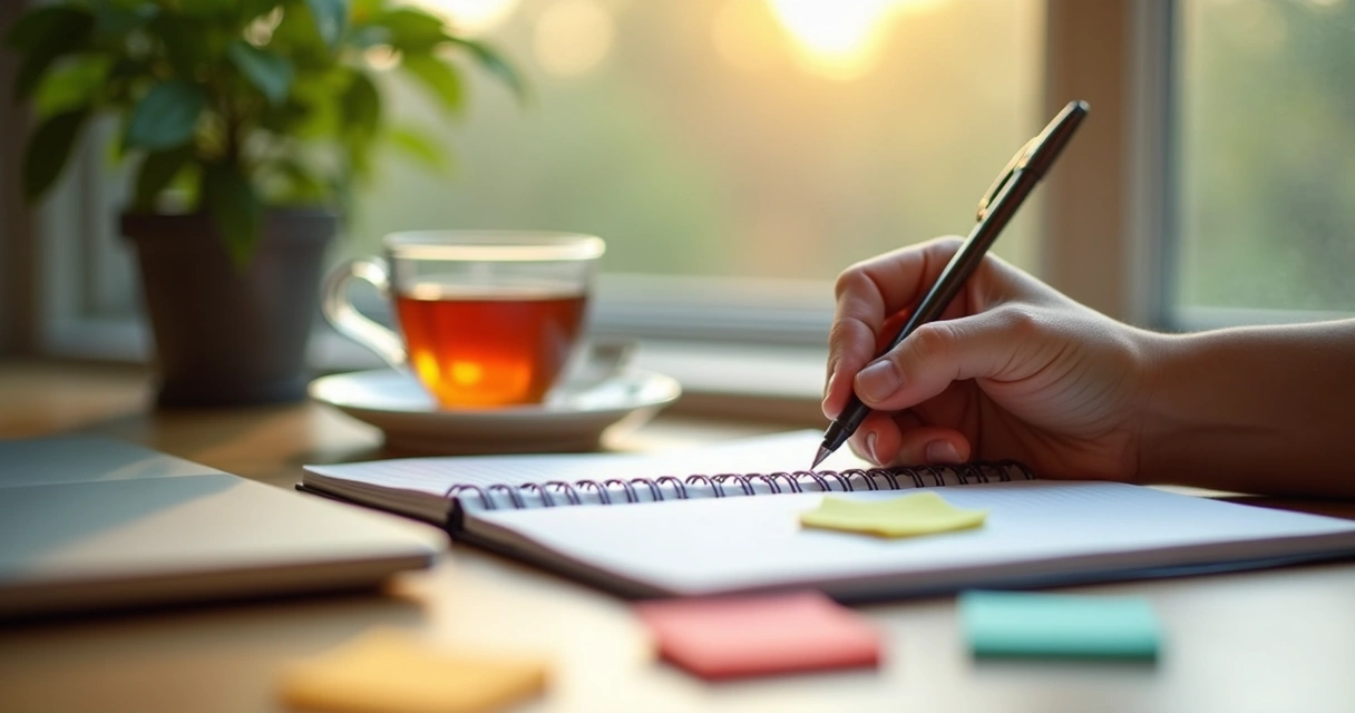 Mano escribiendo en cuaderno con luz natural