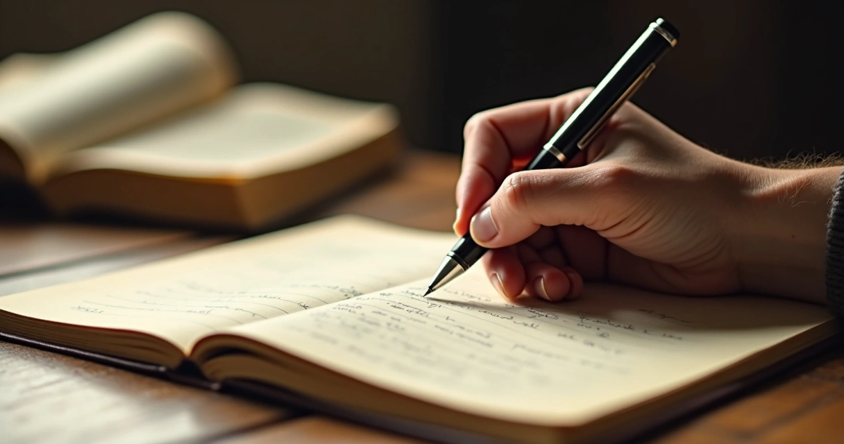 Mão escrevendo reflexões em diário sob luz suave 