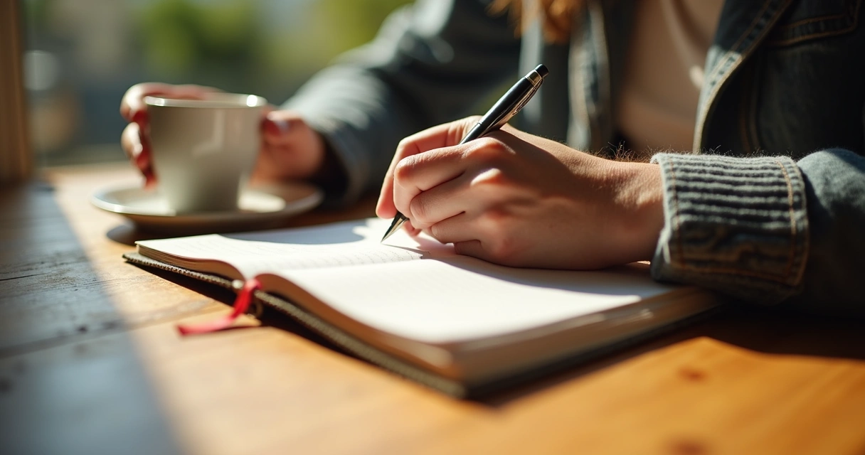 Mãos escrevendo em diário ao lado de xícara de café sobre mesa