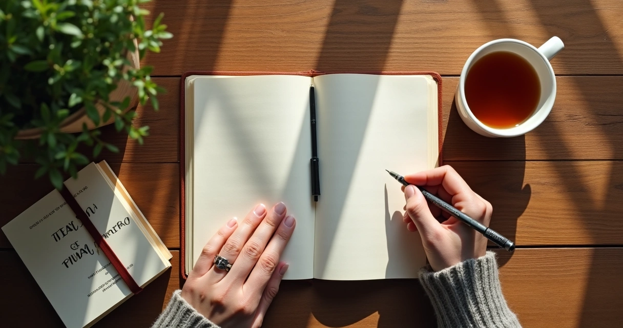 Mano escribiendo en diario personal junto a taza de té y planta