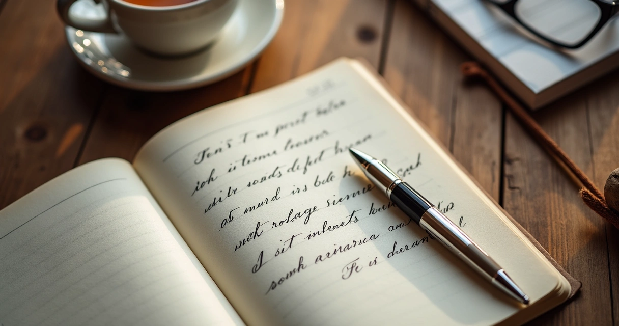 Diario abierto acompañado de bolígrafo y taza de té en mesa de madera 