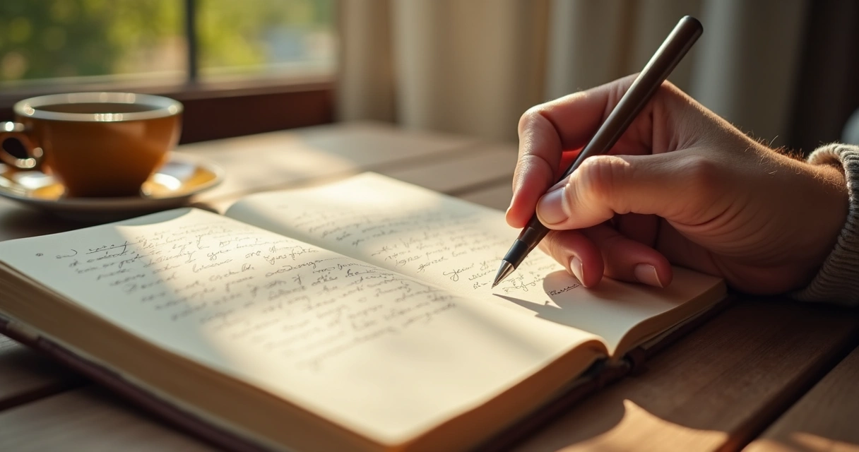 Pessoa escrevendo reflexões em um diário de capa marrom em uma mesa de madeira 