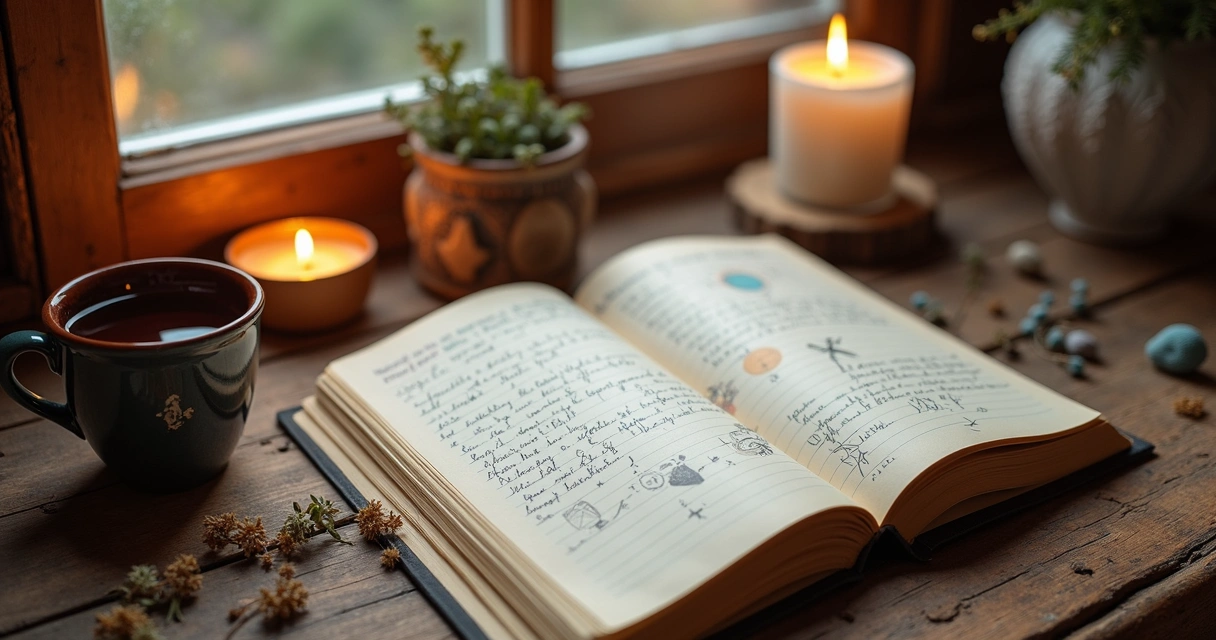 Caderno aberto com desenhos esotéricos e anotações manuscritas 
