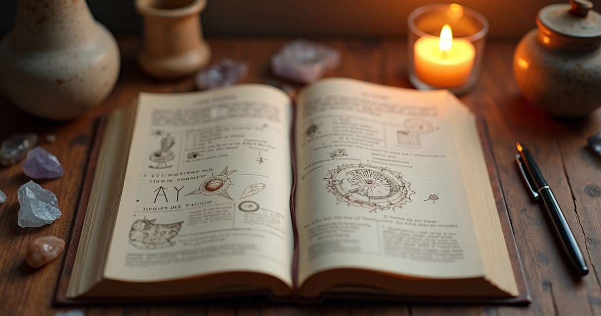 Diário espiritual aberto com caneta e cristais ao redor