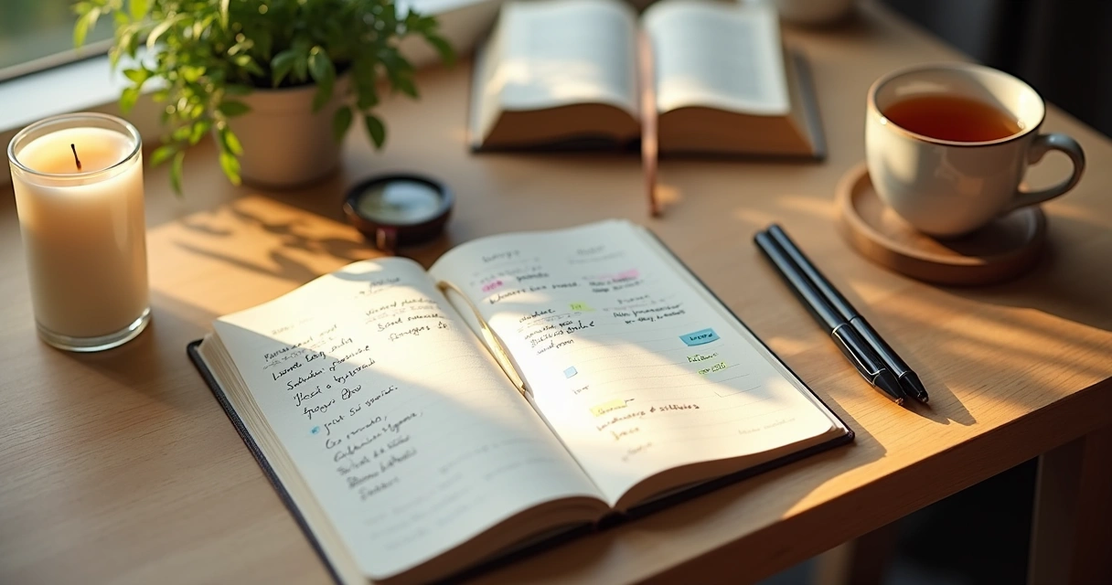 Diario abierto con anotaciones sobre estados de conciencia junto a una vela y una taza de té 