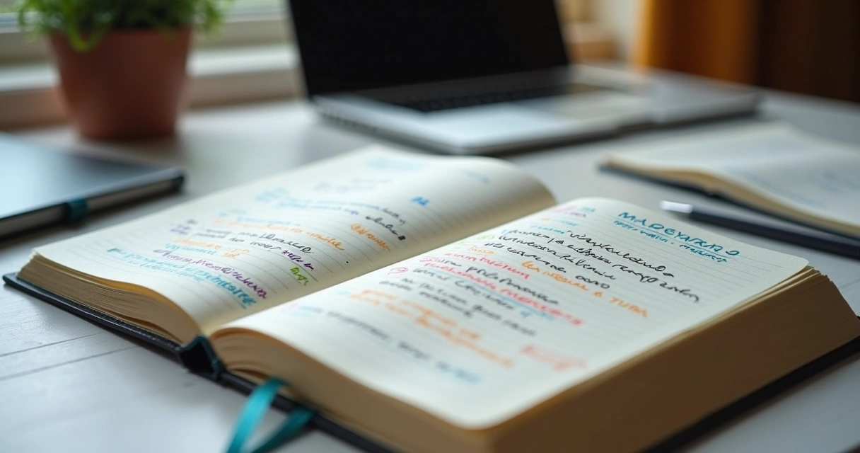 Diário de estudos aberto mostrando anotações sobre aprendizados e progresso