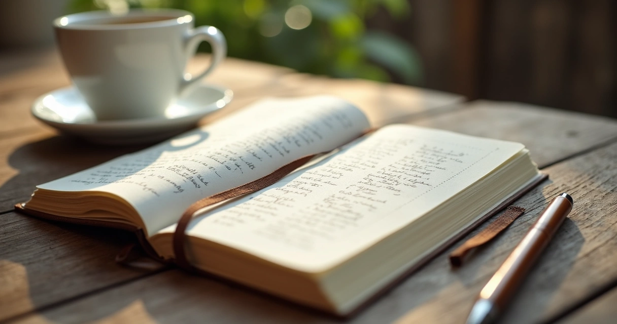 Diário ao lado de caneta e xícara em mesa de madeira 