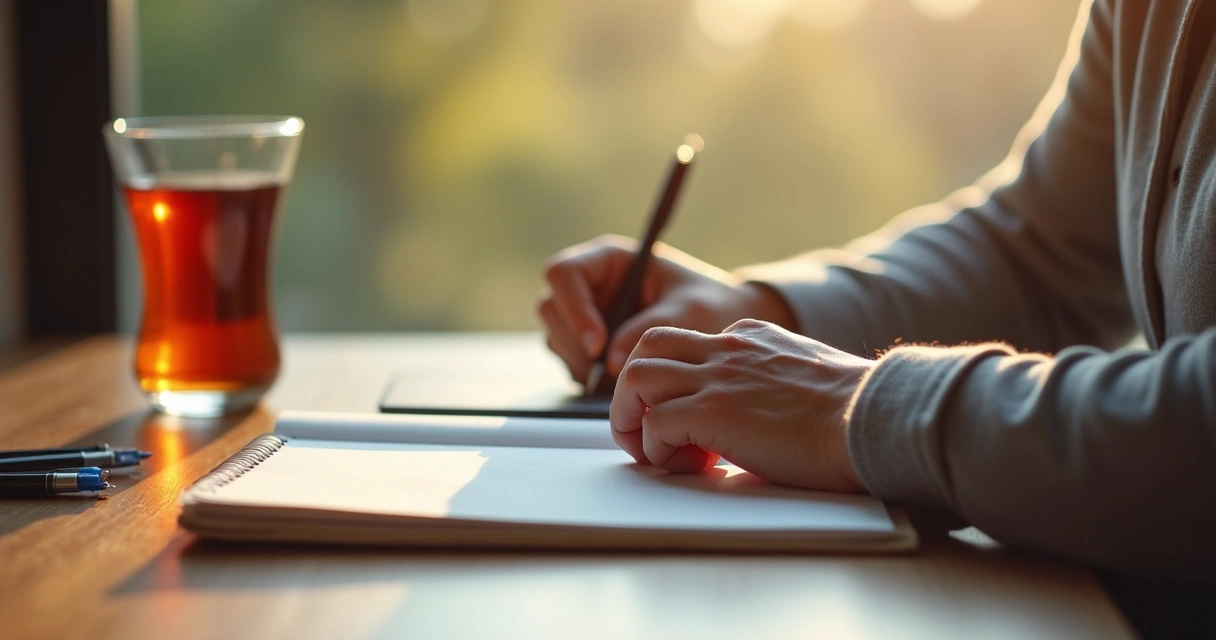 Manos escribiendo en un diario sobre una mesa de madera clara