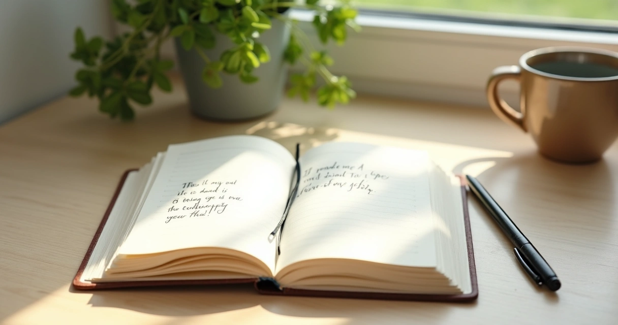 Caderno de gratidão e caneta sobre mesa de madeira clara