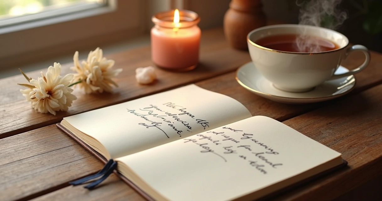 Caderno com caneta ao lado de xícara de chá e luz suave 