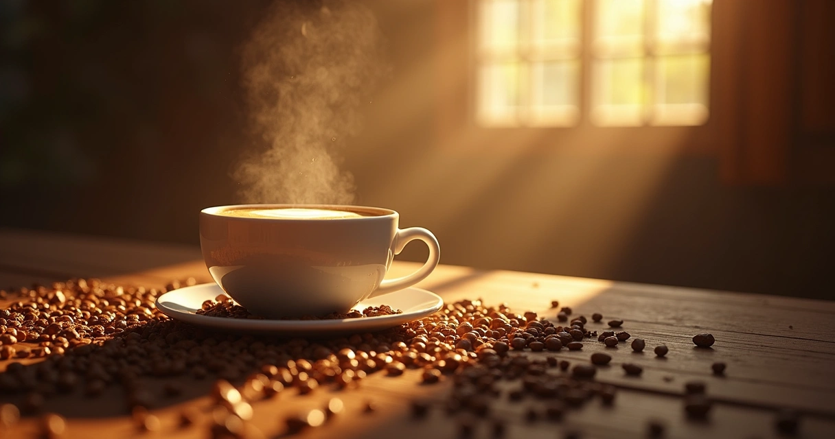 Caderno de gratidão aberto ao lado de uma xícara de café sob luz suave. 