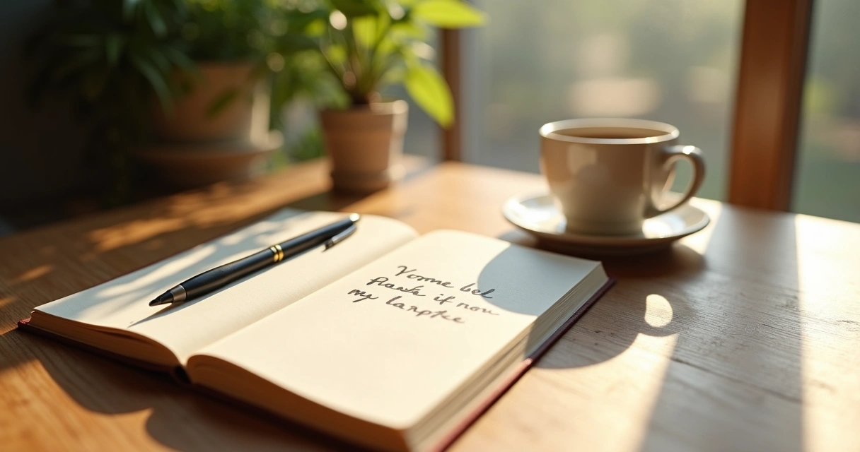 Caderno aberto na mesa ao lado de uma xícara de café 