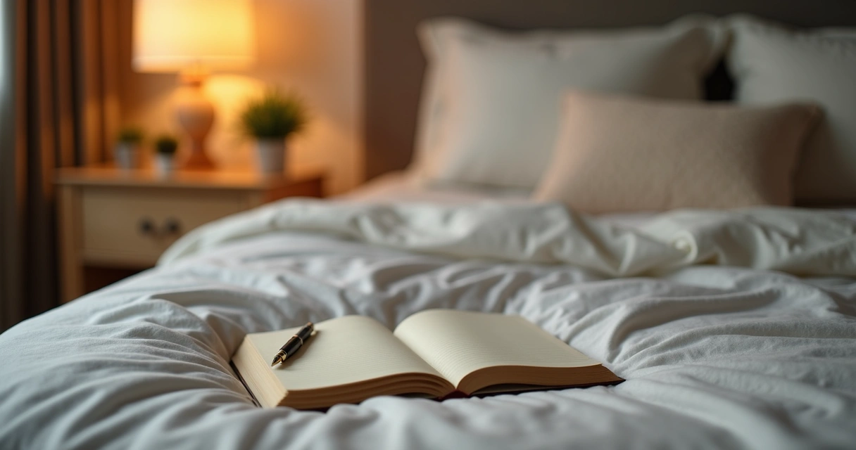 Diário de gratidão aberto em cima da cama com caneta e luz suave 