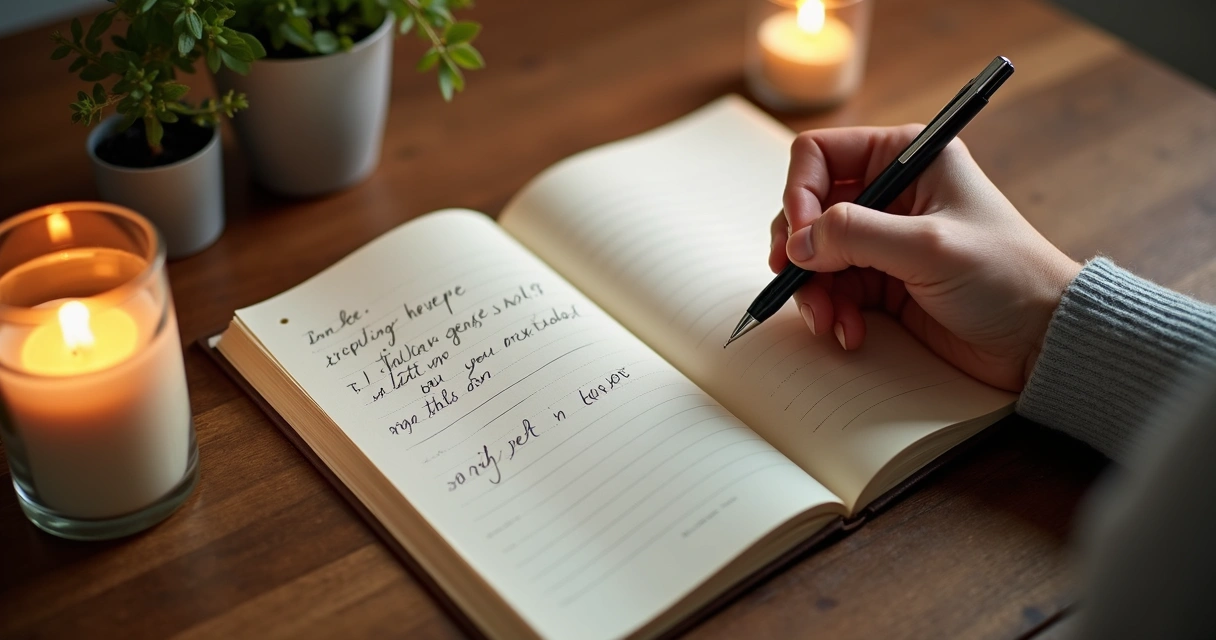 Caderno de gratidão aberto com caneta em cima de uma mesa