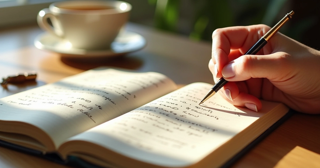 Caderno de gratidão aberto com anotações feitas por mulher 