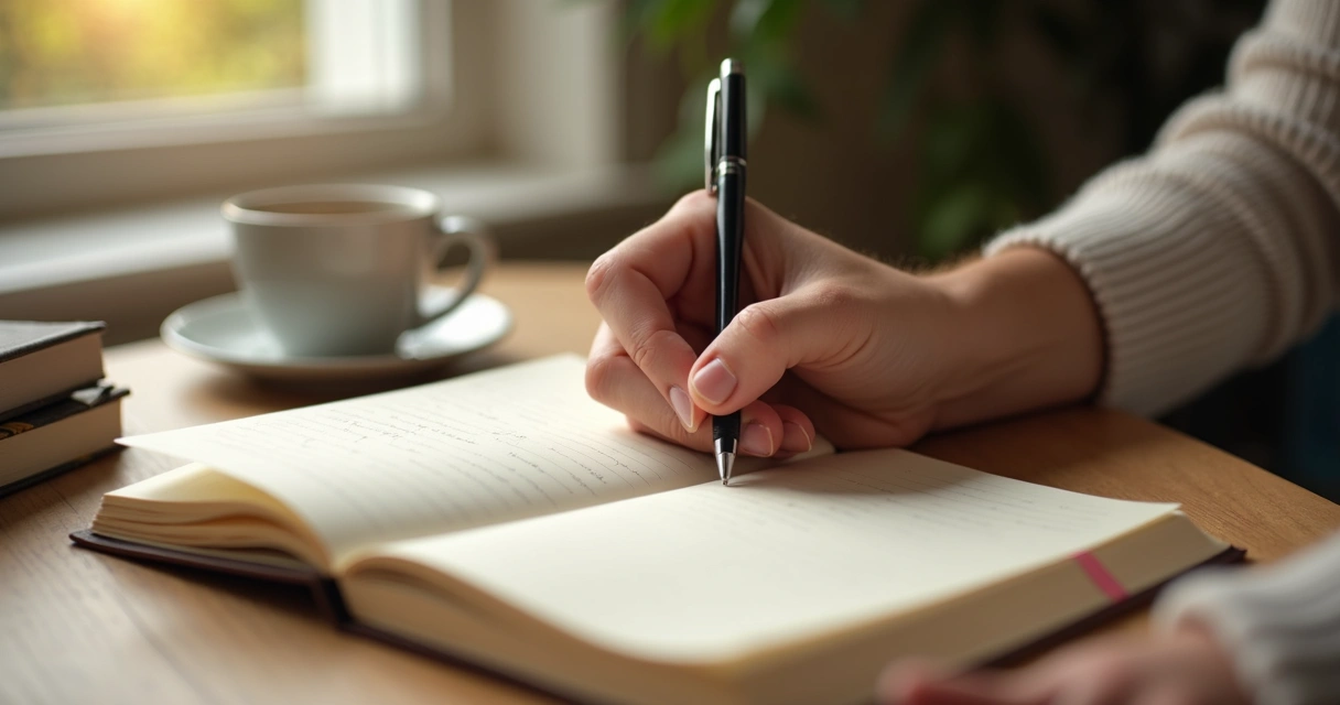 Pessoa escrevendo diário de gratidão com luz suave 