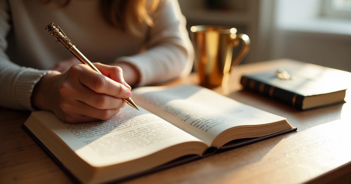 Caderno de gratidão sobre mesa com caneta e xícara ao lado 