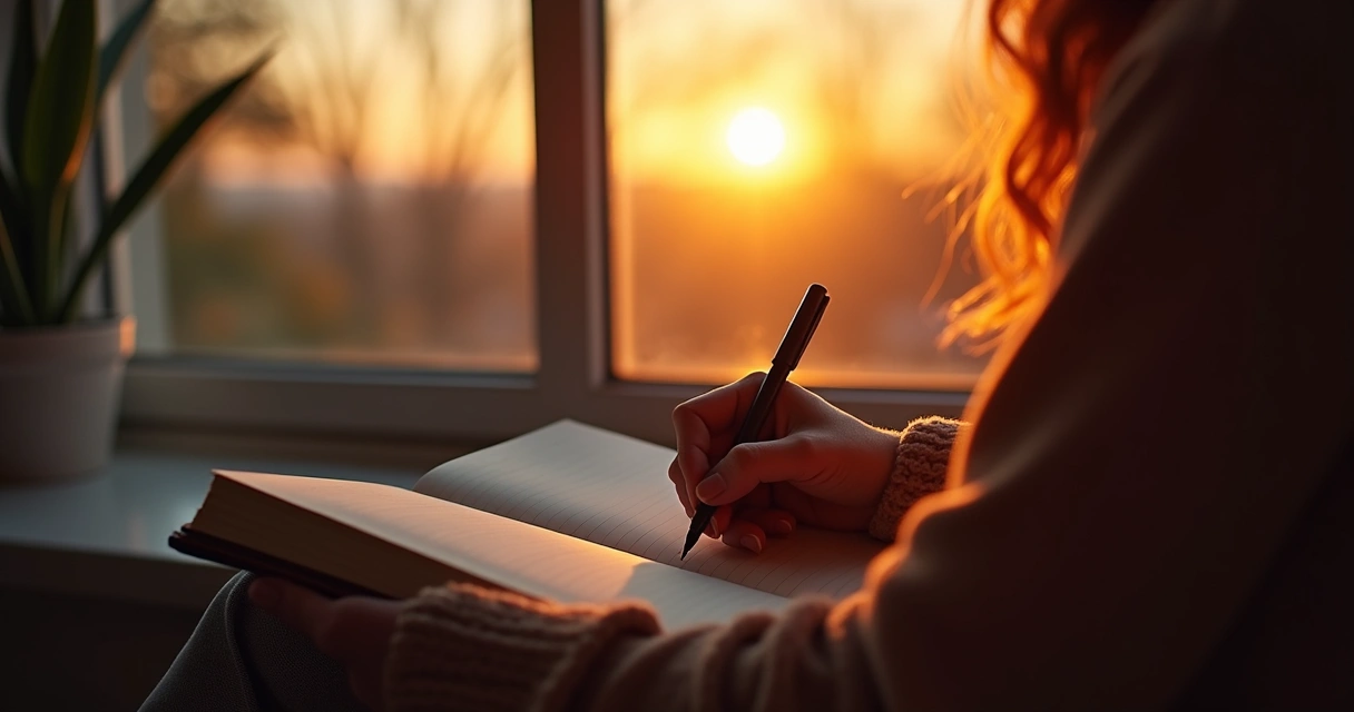 Pessoa refletindo com diário de gratidão e caneta ao entardecer 