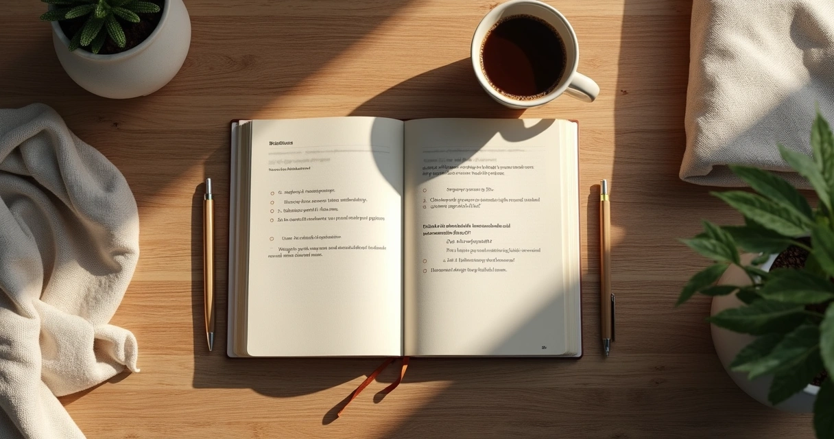 Cuaderno abierto con notas matutinas y una taza de café