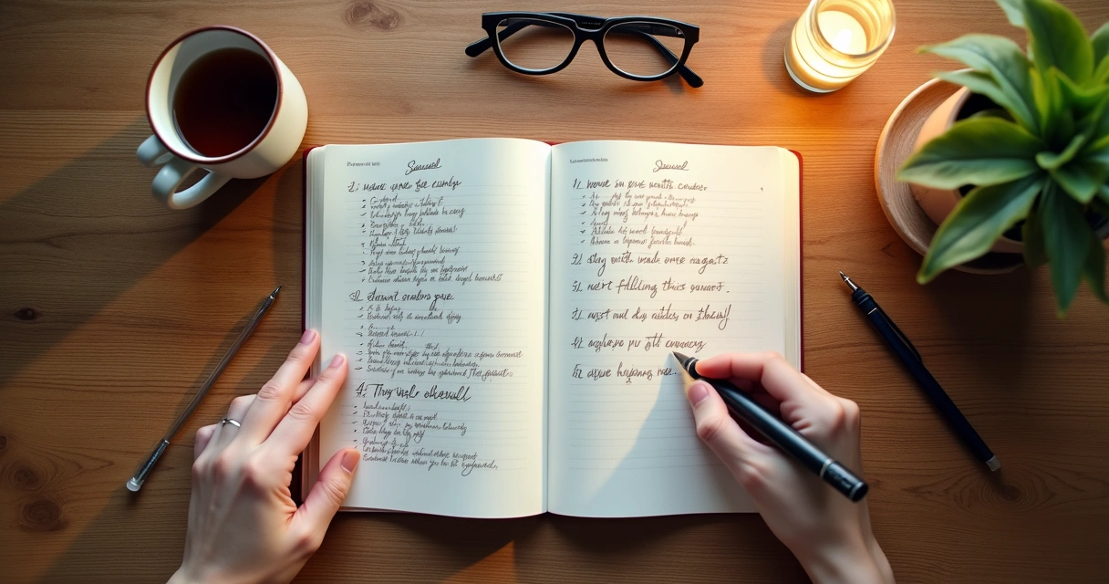 Manos sobre un diario de gratitud con dos listas contraste de colores 