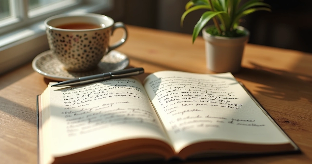 Cuaderno de gratitud abierto sobre una mesa con té y luz suave