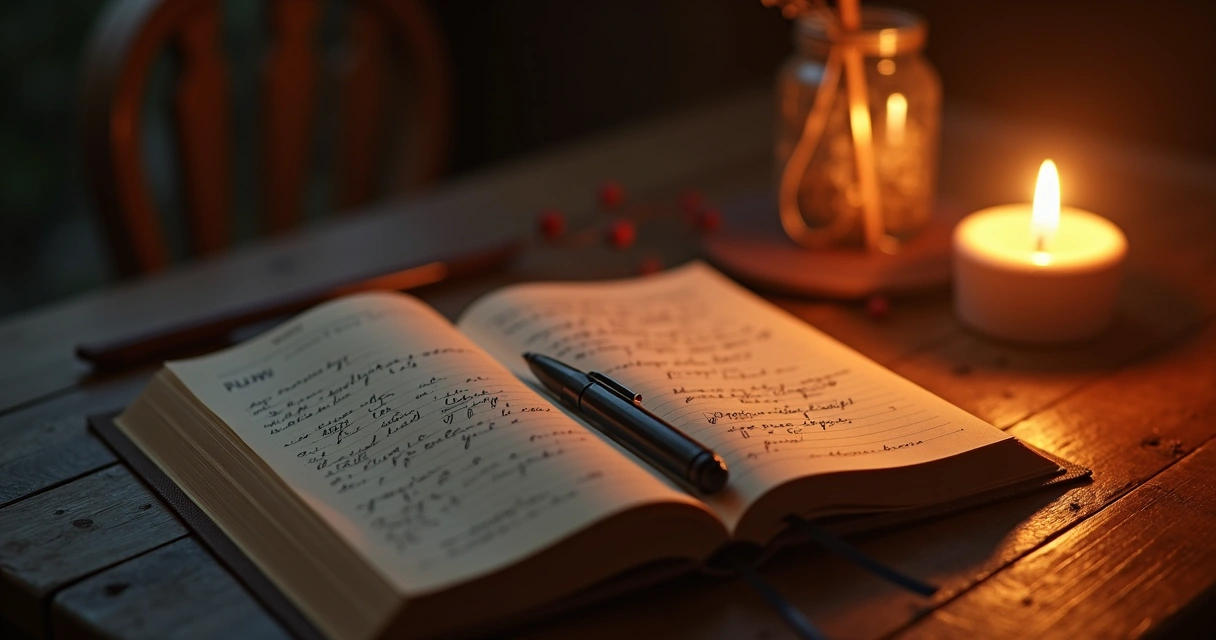Cuaderno de gratitud escrito a mano junto a una vela encendida en una mesa 