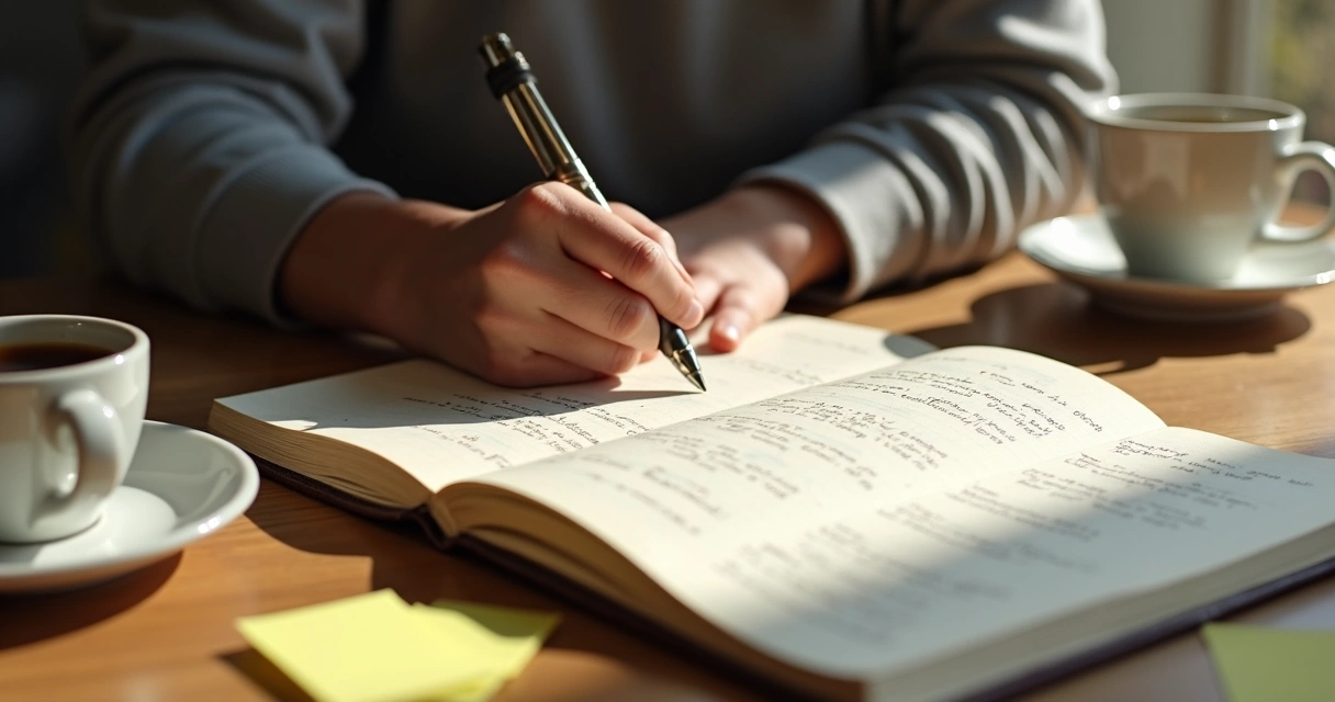 Persona escribiendo en un diario sobre hábitos diarios 