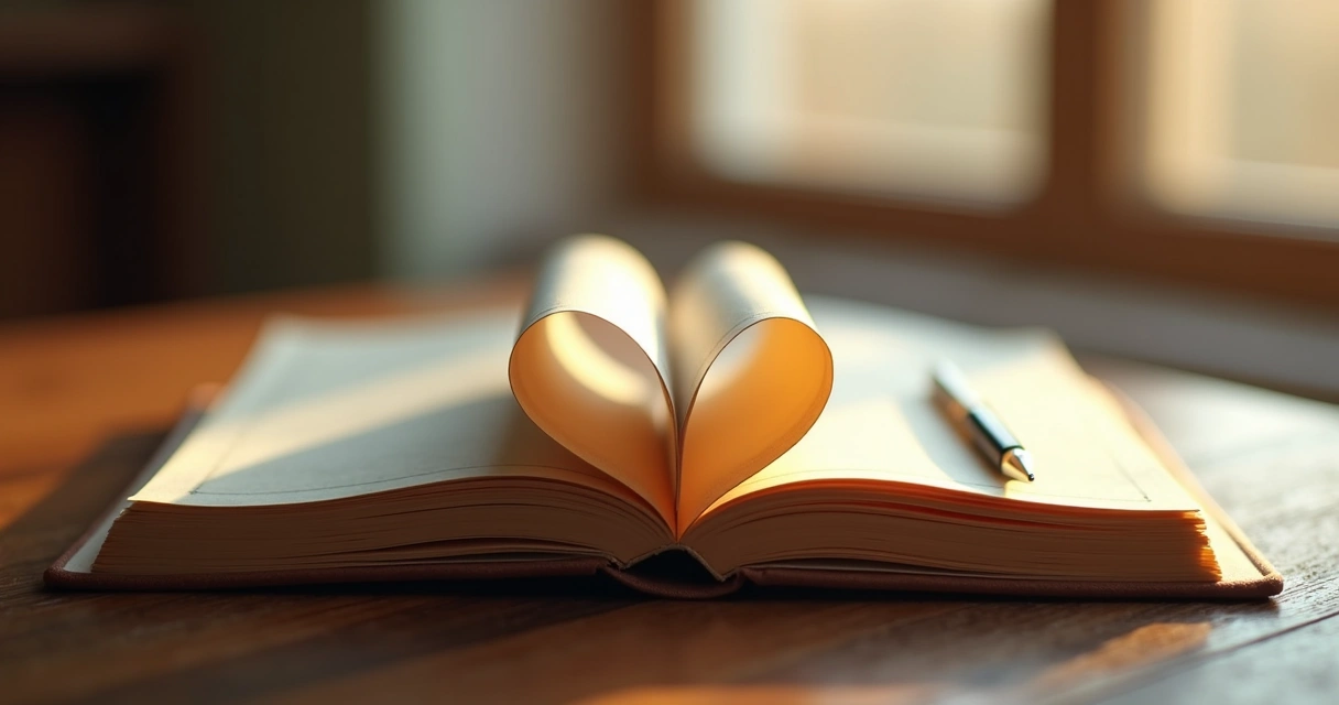 Diario abierto con hojas en forma de corazón