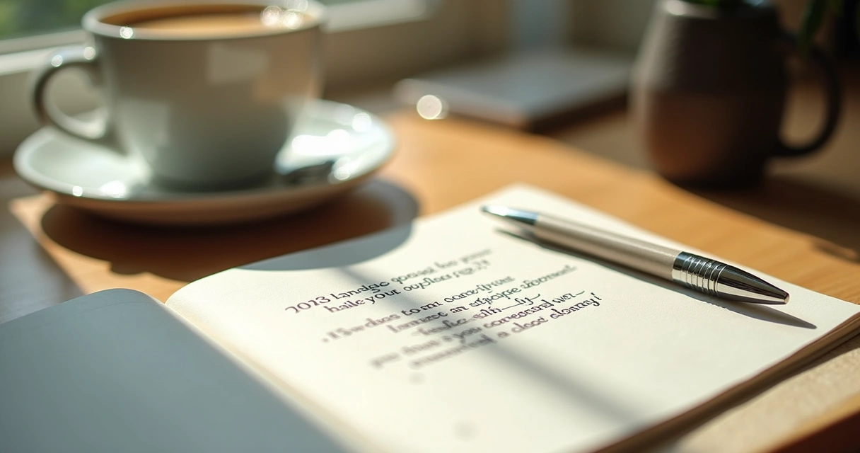 Caderno aberto com anotações escritas à mão, caneta ao lado, ambiente tranquilo de trabalho 