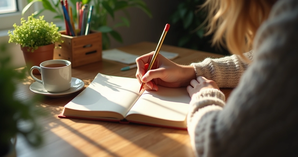 Mãos escrevendo em diário ao lado de caneca e plantas sob luz suave e ambiente acolhedor. 