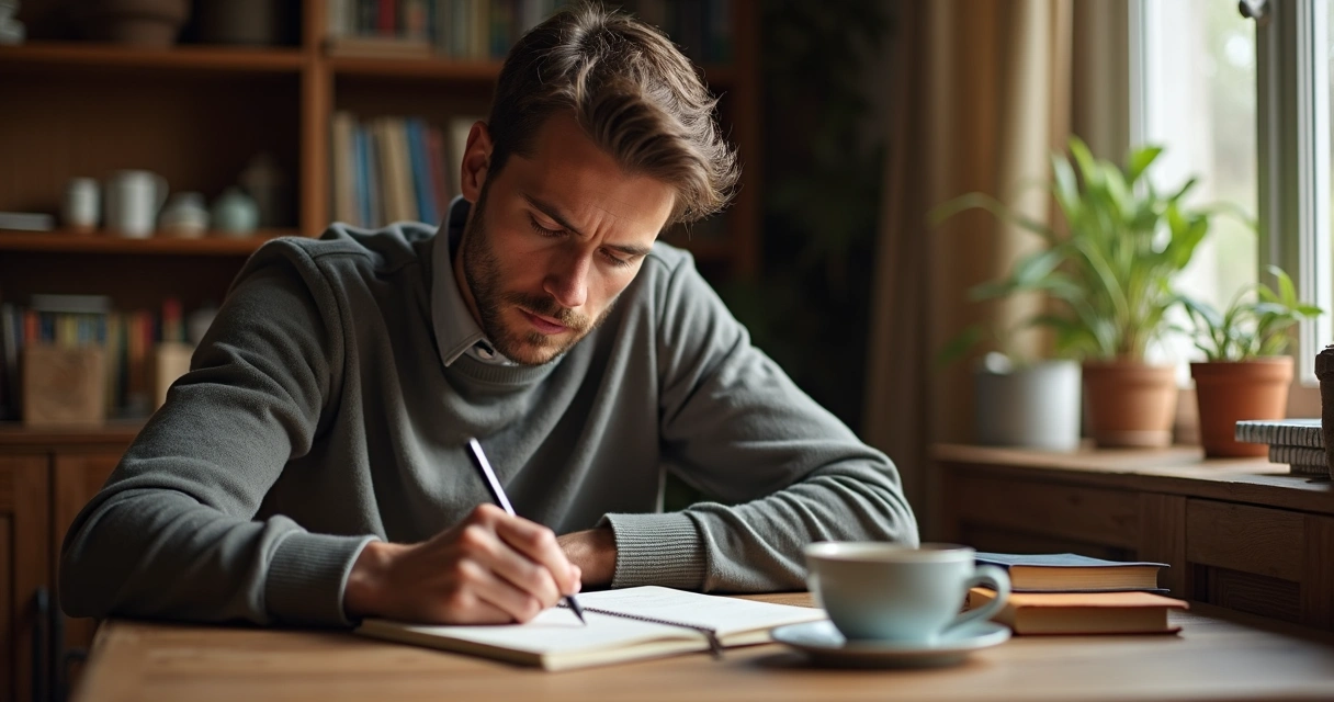Homem escrevendo em diário em ambiente tranquilo 
