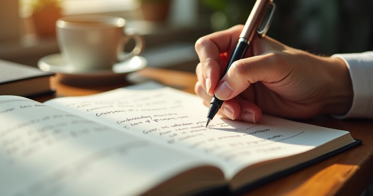 Mão de pessoa escrevendo em diário sobre liderança em mesa de madeira com caneca de café ao lado 