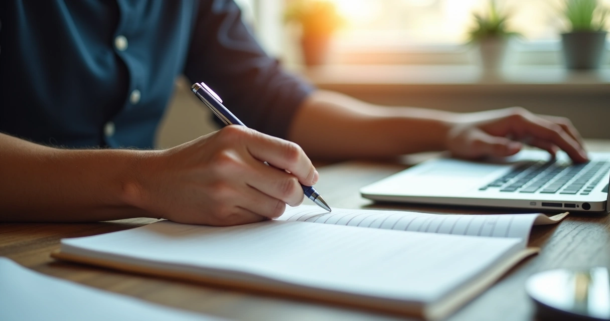 Mano de joven empresario latino escribiendo logros en un diario sobre escritorio de oficina