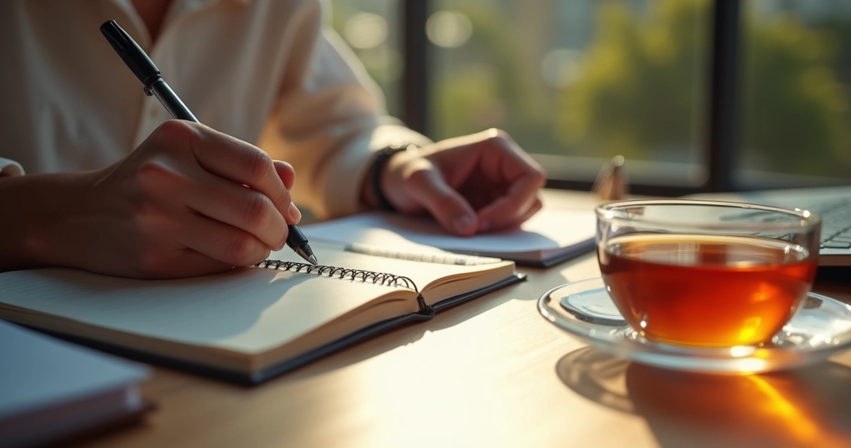 Persona escribiendo en un cuaderno pequeño, enfocada y tranquila 