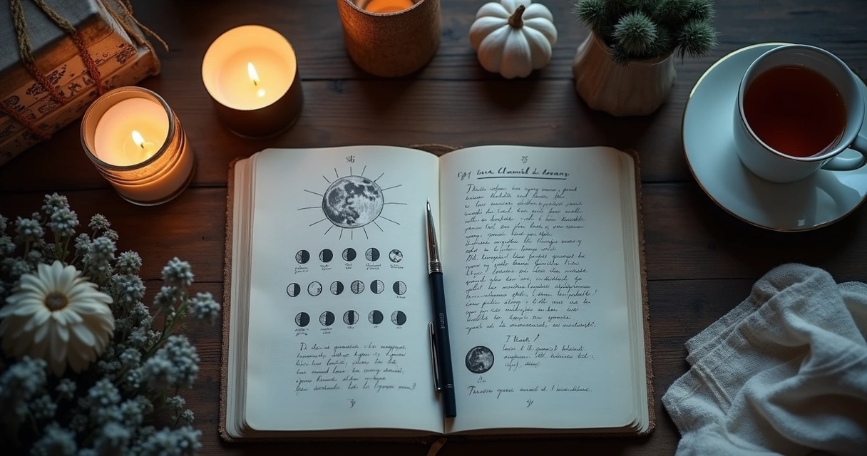 Caderno com fases da lua e anotações emocionais
