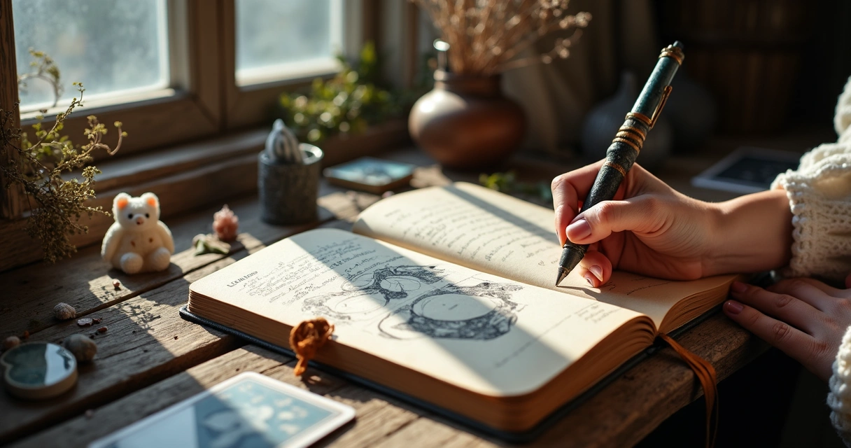 Pessoa preenchendo um diário com desenhos da lua ao fundo