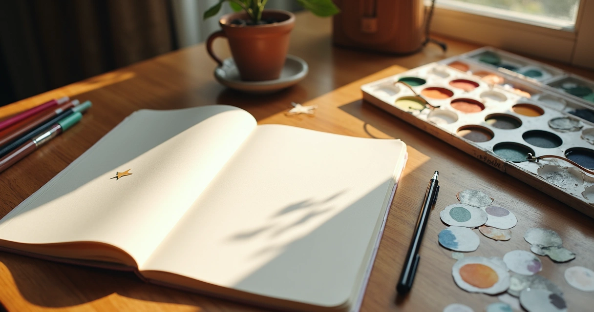 Materiais organizados em uma mesa para criar um diário lunar 