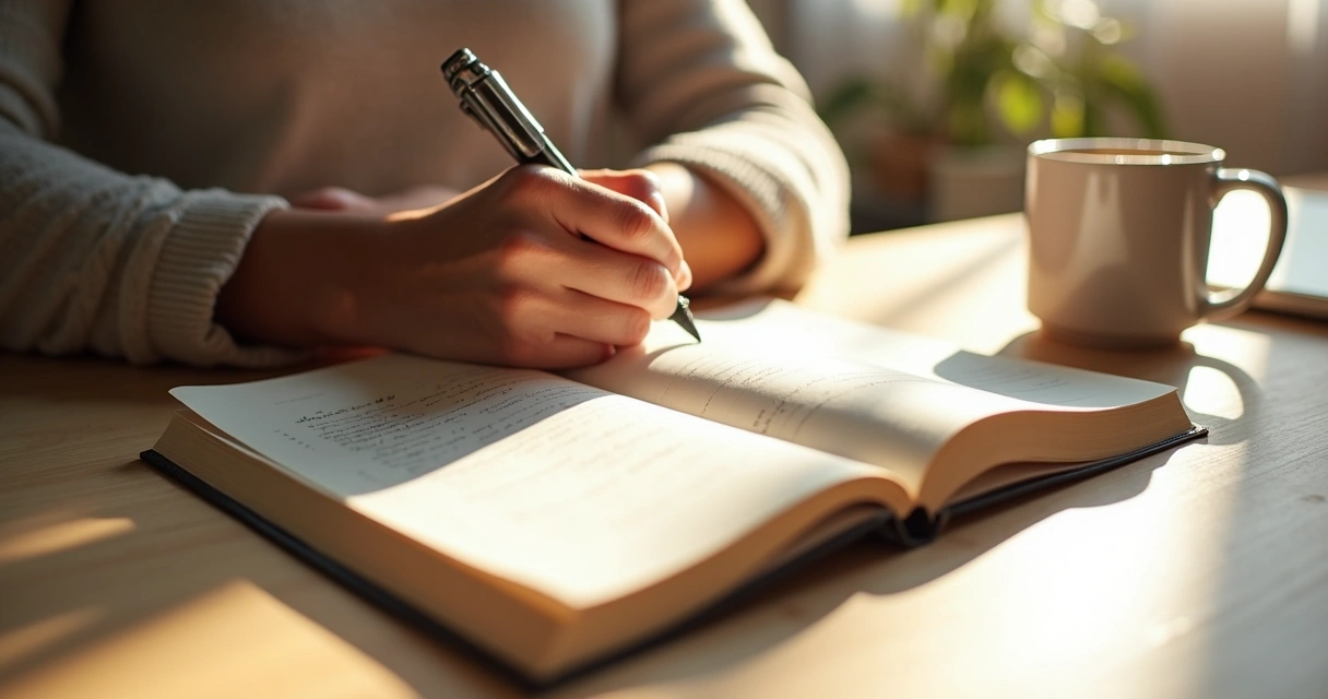 Manos sosteniendo un cuaderno y una taza en una mesa de madera clara 