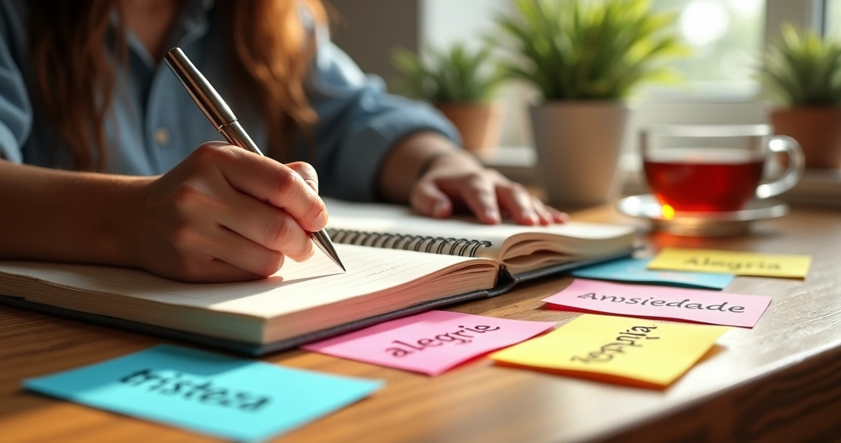 Pessoa escrevendo em diário, rodeada de post-its coloridos com palavras de sentimentos