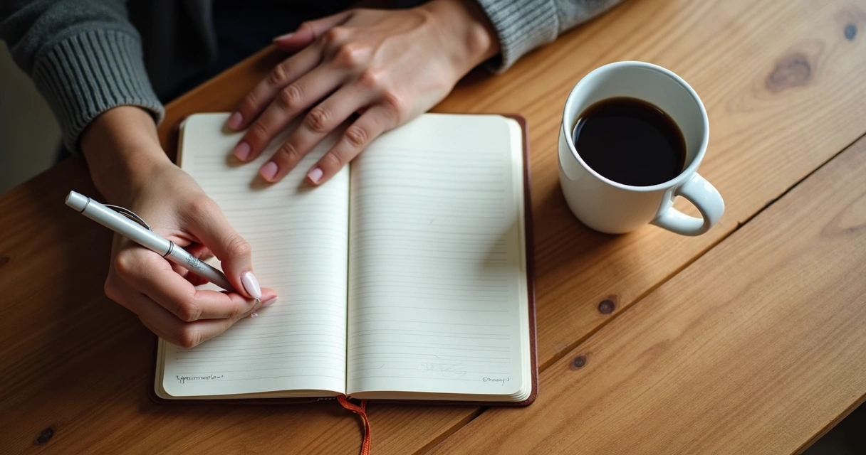 Pessoa escrevendo em diário ao lado de uma caneca de café sobre uma mesa de madeira 