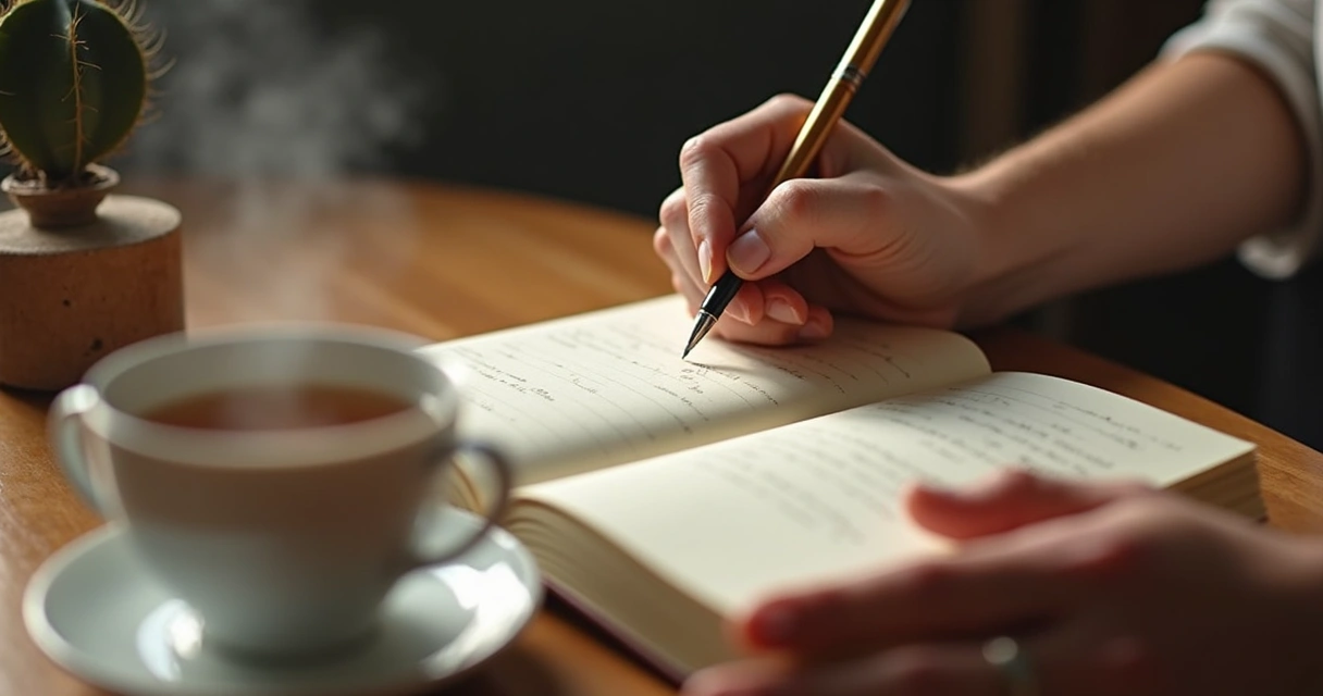 Pessoa segurando diário aberto, anotando pensamentos, mesa de madeira com caneca de chá ao lado 